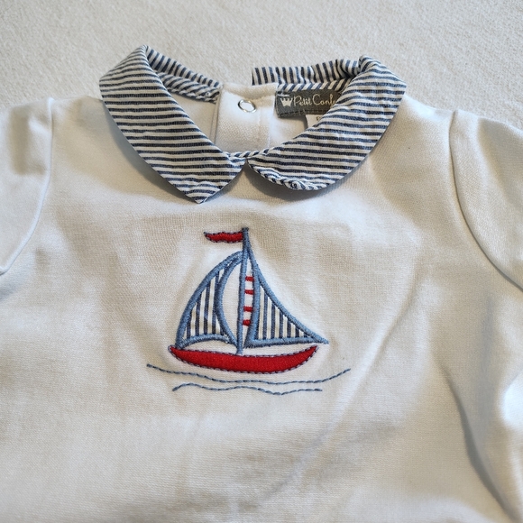 Petit Confection Baby Boy Infant Sailboat Seersucker Outfit Preppy Nautical 6 Mo - Picture 2 of 8